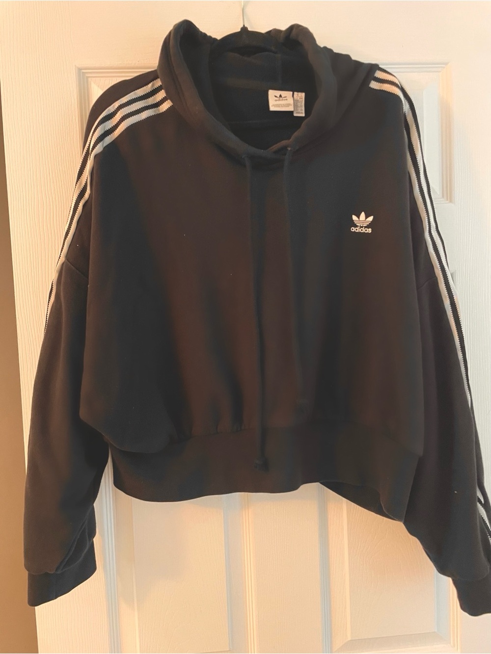 adidas Black Cropped Hoodie with White Stripe Accents